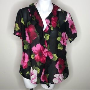 Studio Liz Claiborne Woman Ruffle Front Floral Short Sleeve Multicolor Blouse